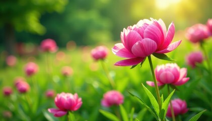 Obraz premium Peony flowers in a lush green meadow, meadows, wildflowers