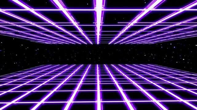 Futuristic video concept with a retro 80s style, featuring a grid of glowing purple lines. The camera angle is low, creating a tunnel effect. Live desktop wallpaper.
