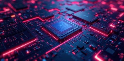 Obraz premium Modern geometric shapes with neon lights and circuit boards , abstract, circuit boards