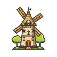 Charming Windmill Illustration Rustic Countryside Scene