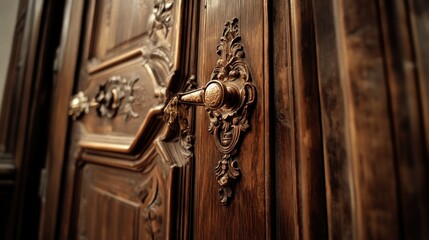 Ornate wooden door with detailed carving and prominent doorknob