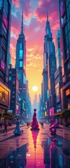 Obraz premium A bustling city street scene featuring a sleek city car parked alongside modern buildings. Pedestrians stroll along the sidewalk, engaged in conversation and enjoying the urban atmosphere.
