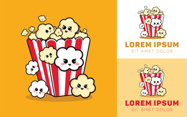 Cartoon Popcorn Icon Logo with Popped Corn and Classic Packaging
