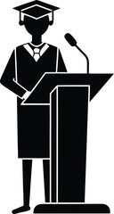 Graduate Silhouette Giving Speech at Podium With Microphone on White Background