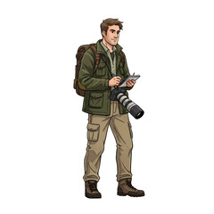 Fototapeta premium 2D pen drawing of a full-body nature photographer holding a camera, wearing outdoor gear, isolated on transparent background. Hand-drawn style illustration for creative nature-themed designs