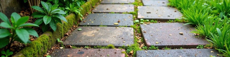 Weathered concrete sidewalk with moss and lichen growth, worn , moss, weathered