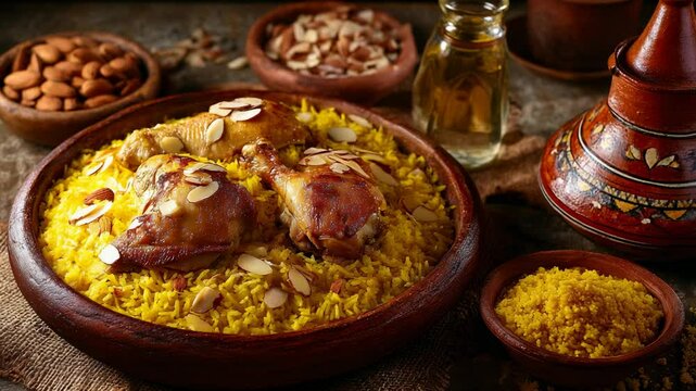 Traditional Arab Food - Chicken Kabsa with Turmeric Rice and Almonds, Served Warm on a Wooden Plate, Desert
