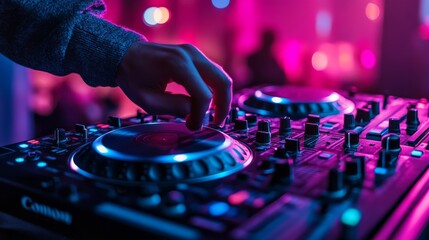 Obraz premium A DJ expertly mixes tracks at a vibrant nightclub. The atmosphere is electric with colorful lights creating a captivating scene. Music pulses in the air. Generative AI