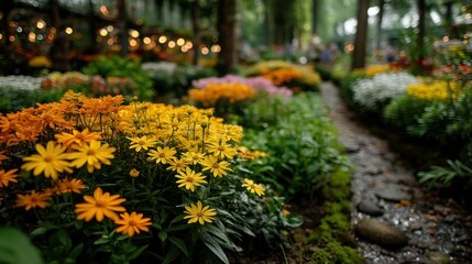Obraz premium A vibrant garden scene filled with colorful flowers and greenery, creating a serene and inviting atmosphere.
