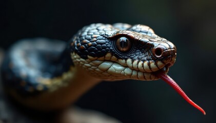 Obraz premium Snake's head with sharp eyes and forked tongue sticking out of its mouth , tongue, reptile