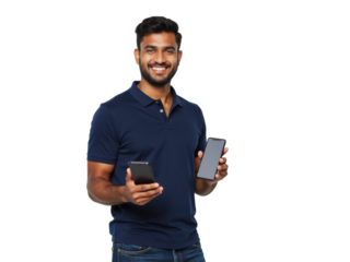 Business portrait isolated on white transparent background: A smiling man with dark hair and a beard holds up his smartphone while looking directly at the camera against a plain white background.