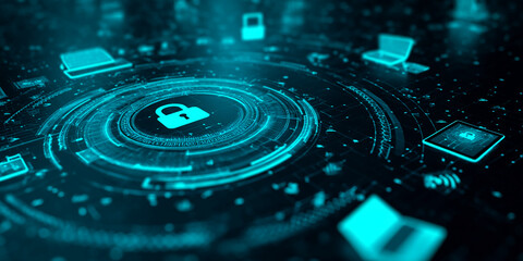 Abstract cyan digital interface showcasing a central padlock icon within concentric circles, symbolizing data security and network protection