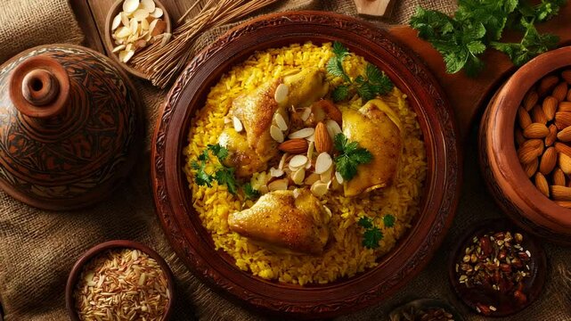 Traditional Arab Food - Chicken Kabsa with Turmeric Rice and Almonds, Served Warm on a Wooden Plate, Desert