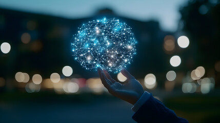 AI interface projected in mid-air with complex data visualizations and neural networks 