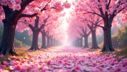 Naklejka premium Soft pink sakura petals gently drifting in a serene cherry blossom forest, blossoms, flowers
