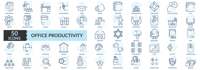Office Productivity Icon Set With Document, Team, Organization, Teamwork, Office, Presentation, Interview, Archive, Employee, Productivity, Skill, Professional, And Others
