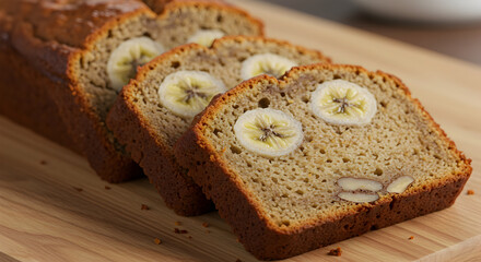 Delicious Sliced Banana Bread With Nuts on A Wooden Cutting Board
