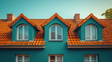 Obraz premium Charming teal facade with terracotta roof dormers
