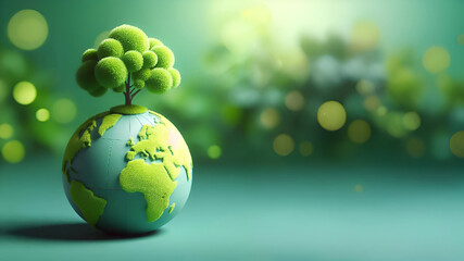 A top the small globe, a lush green tree, in the left side green blur background