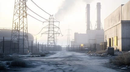 An industrial power plant with smoke stacks and power lines