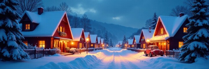 Fototapeta premium Snowy village scene with decorated houses and festive lights , village scene, lights, holiday