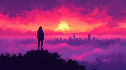 Silhouette of person overlooking city skyline with vibrant sunset and clouds.