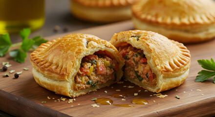 Savory Hand Pies with Fresh Ingredients on Wooden Board Close Up