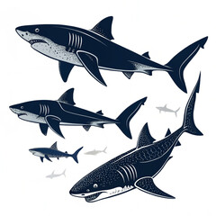 Obraz premium Set of shark and fin vector illustration isolated icons. Shark silhouette set vector design big pack of sea illustration and icon shark silhouette vector Bundle illustration Different kind of sharks