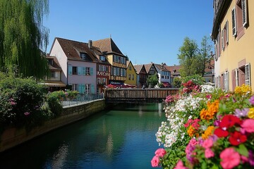 Obraz premium Charming canal scene with colorful buildings, flower boxes, and a bridge under a clear blue sky