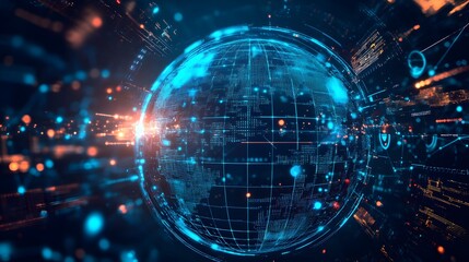 Digital World: A breathtaking digital depiction of the globe, encircled by luminous data streams, illustrating the complex connectivity and technological evolution.