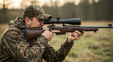 Man aiming a rifle with scope in a field wearing camouflage clothing.