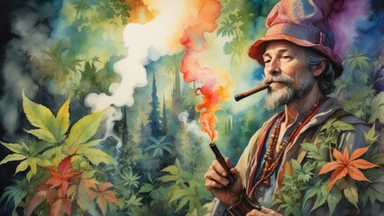 Fototapeta premium A watercolor illustration featuring a traditional wooden smoking pipe with swirling smoke rising from it.