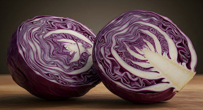 Halved Red Cabbage Exhibiting Striking Internal Patterns And Organic Beauty - Powered by Adobe