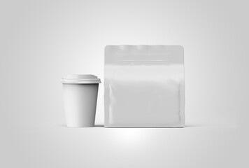 Black coffee bag mockup on white background.Elegant white coffee cup mockup with a blank sleeve