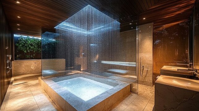 Luxury master bath with mirrored ceiling and backlit panels  