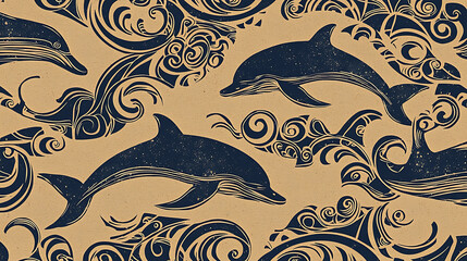Naklejka premium Seamless pattern with dolphins and stylized waves in blue colors on a beige background.
