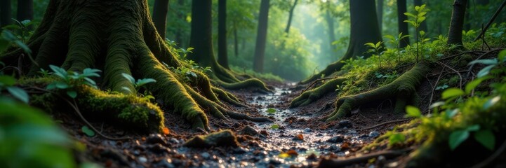 Obraz premium Muddy, dimly lit forest floor with twisted roots and overgrown vegetation, trees, texture