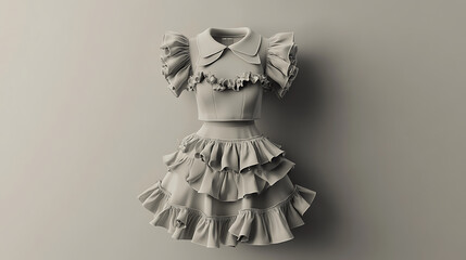 A gray two piece outfit with ruffles on a neutral background