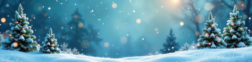 Delicate snowflake border surrounding a festive winter scene with evergreen trees and snowflakes, holiday, winter, season