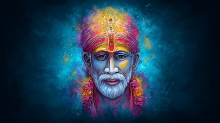 Vibrant Digital Portrait of Sai Baba of Shirdi With Glowing Aura and Floral Garland, Symbolizing Blessings, Wisdom, and Devotion