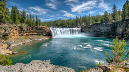 Fototapeta premium Scenic Waterfall Cascading Into Turquoise Pool In Forest