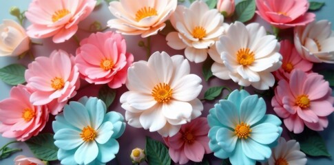 Artificial flower wall with pastel colors and soft focus, garden backdrop, decorative panel