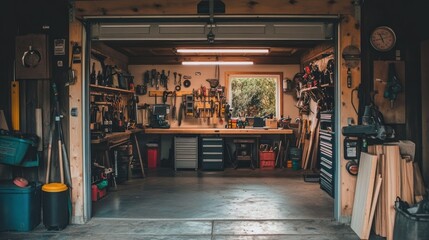 A well organized garage workshop with tools and equipment visible