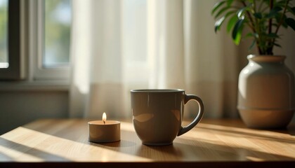 Minimalist Cozy Home Workspace with Coffee and Plant