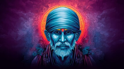 Powerful Digital Portrait of Sai Baba of Shirdi With Fiery Aura and Intense Expression, Symbolizing Devotion, Wisdom, and Inner Light