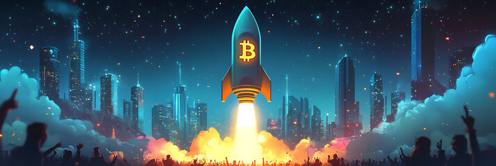 Crowd watches a rocket emblazoned with a currency symbol launch into the night sky above a futuristic cityscape.