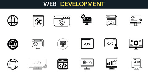 Web Development icon set. Containing online, computer, network, website, server, web design, hardware, software, and programming. Solid icons vector collection.