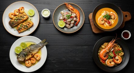 Seafood dishes with shrimp and fish are arranged on a dark surface.