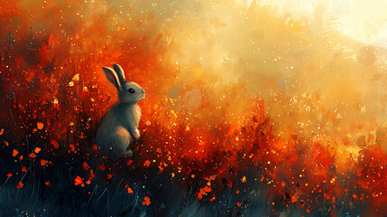A small rabbit sits amongst vibrant fiery wildflowers gazing upward into a warm golden and ethereal light.