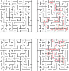 Maze Puzzle Set With Solution Paths Black Lines On White Background
